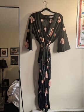 ONE X ONETEASPOON Green Floral Wrap Jumpsuit with Pink Roses